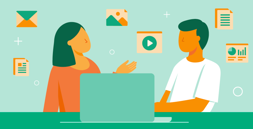 Illustration of two marketers sitting around a laptop conducting an audit of their brand's digital marketing assets.