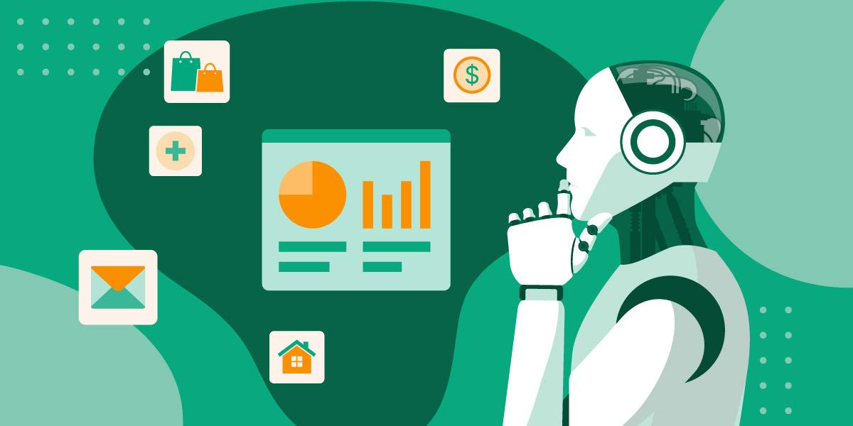Machine analyzing patterns for prediction with icons of various industries over a green background.