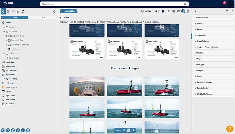Fugro’s fully branded instance of Canto, including a view of the Blue Essence folder with several photos of the remote boat on the ocean.