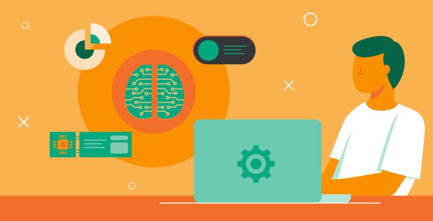 Image of a man at a laptop with big data, a neural network, and a GPU hovering around him over an orange background.