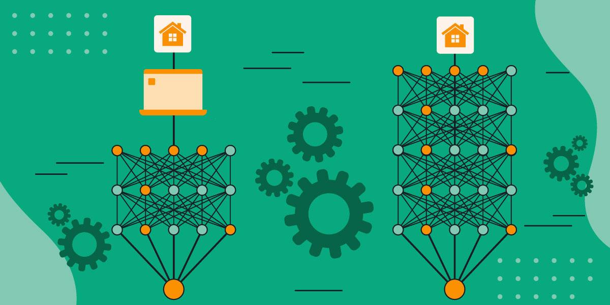 An image of a laptop in a shallow node machine learning model vs a deep node deep learning model over a green background with gears.