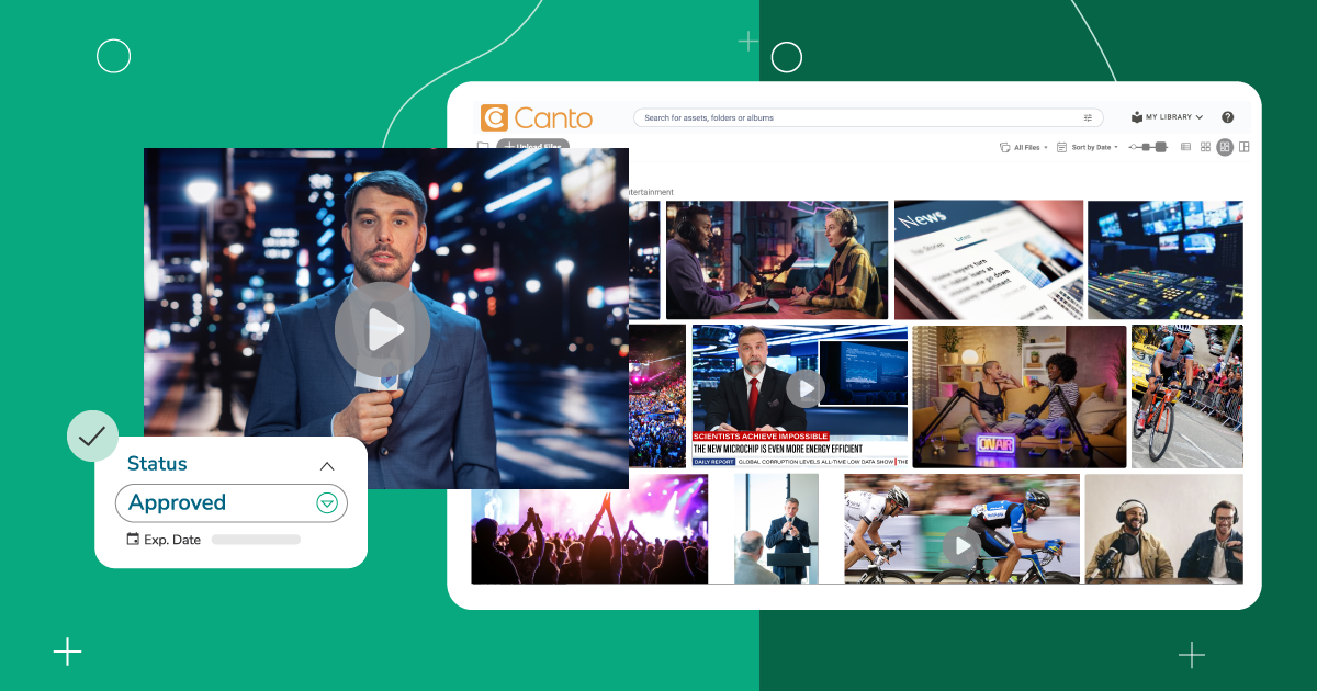 Image of media being organized in a digital asset management platform for a media and entertainment organization over a green background.