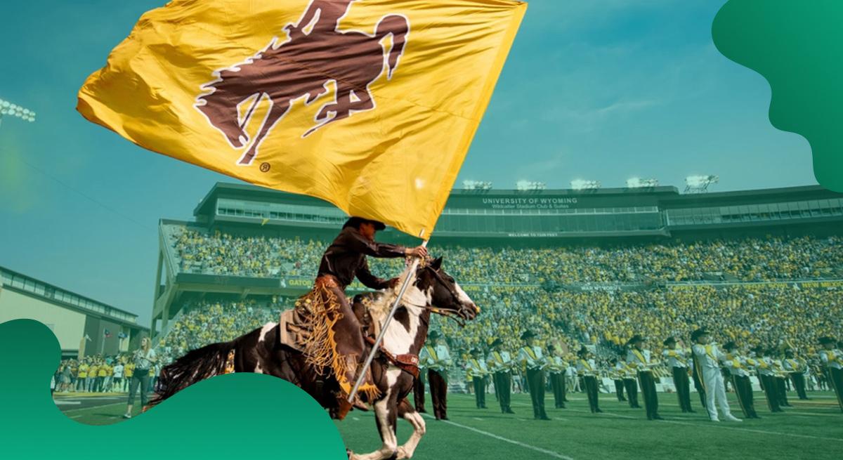 Image of University of Wyoming flag waving at a collegiate football game