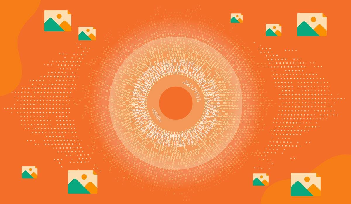 A digital eye iris made of 0s and 1s with images floating around the iris over an orange background.