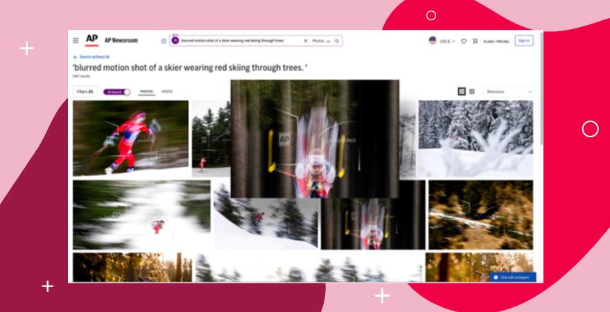 Search results of blurred motion shot of a skier wearing red skiing through trees.