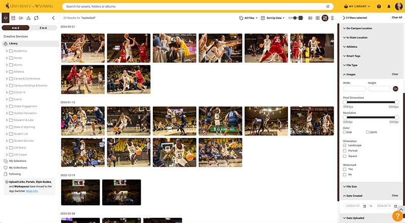 University of Wyoming Canto library filtered to show images of basketball players.