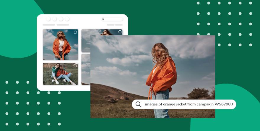 An asset library with images of a model wearing a bright orange jacket in nature with a search bar that reads "images of orange jacket from campaign WS67980" all over a green background