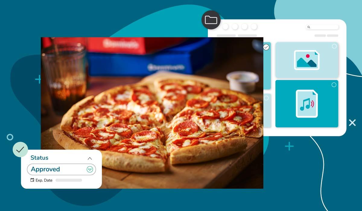Foto einer geschnittenen Salamipizza aus der Canto Medienbibliothek von Domino's mit geändertem Genehmigungsstatus.