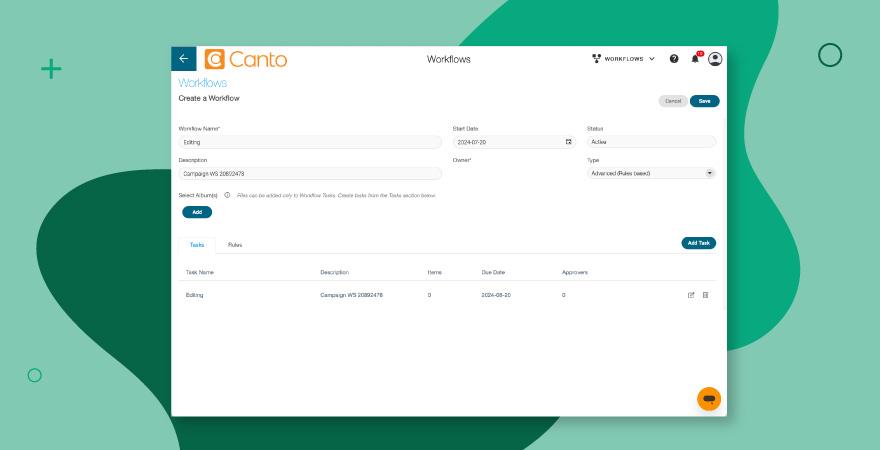 A screenshot of a digital asset management workflow being created in Canto over a green background.