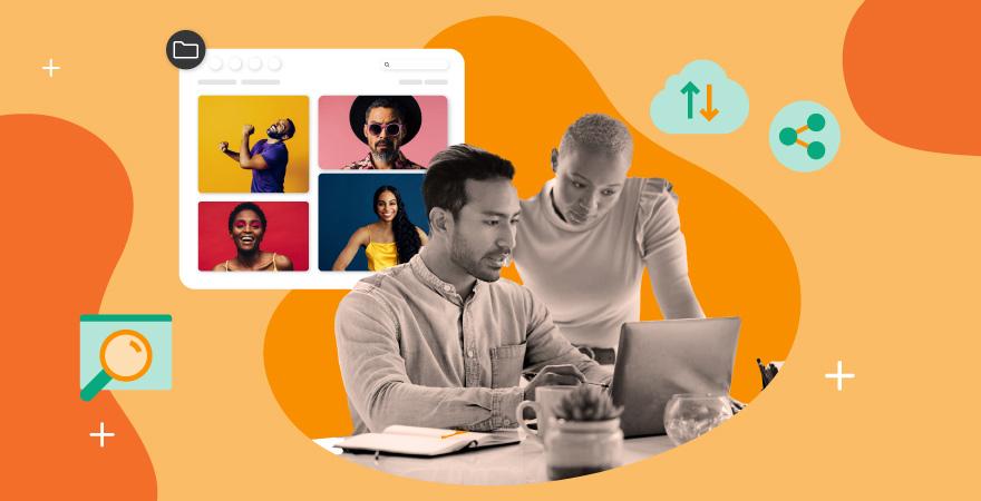 A small team of marketers looking at a laptop with a content library over an orange background.