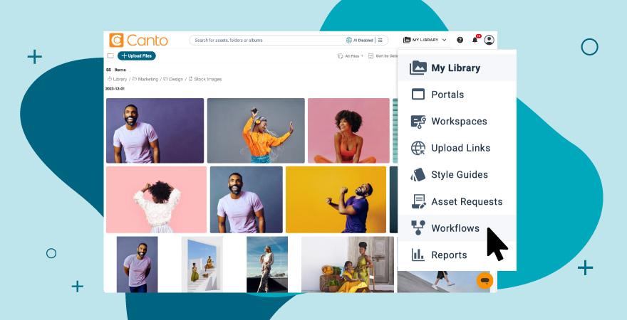Screenshot of a Canto library showing off Canto App Switcher over a blue background.