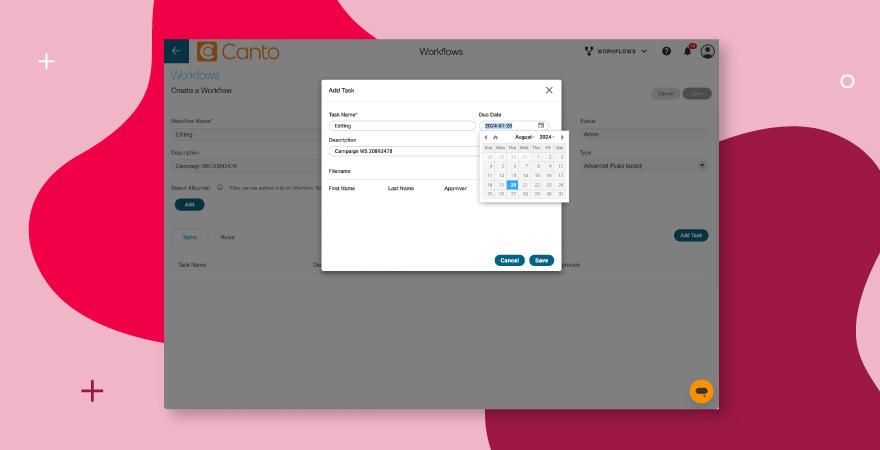 Screenshot of a task being added to a digital asset management workflow in Canto over a red background.