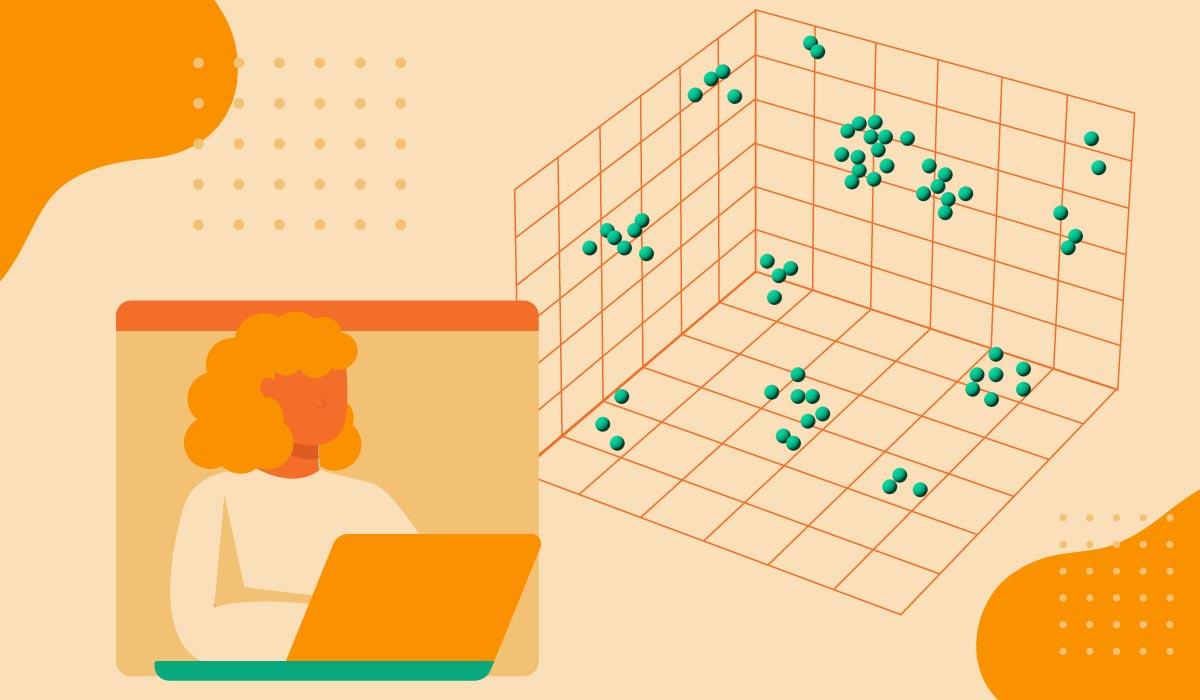 Woman on a laptop looking at relevant nearest neighbor descriptors over an orange background.