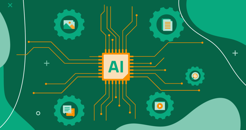 Image of various icons showing the ways AI can help marketers over a green background.