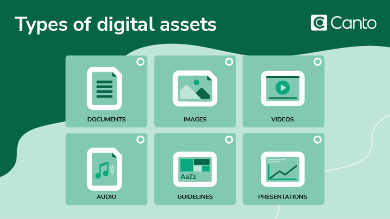 The six main types of digital assets, including documents, images, videos, audio, brand guidelines, and presentations.