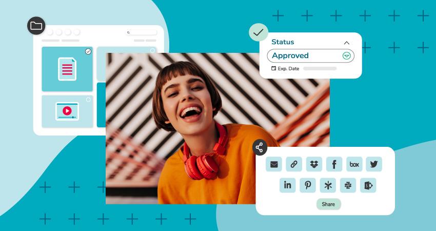 Photo of a woman wearing orange marked as approved in a DAM platform.