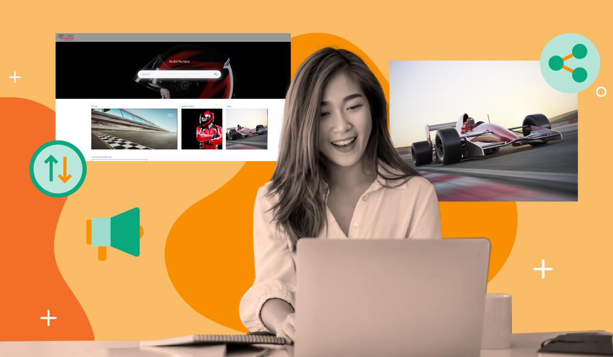 Image of happy woman on laptop working with brand images over an orange background.