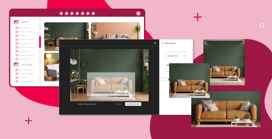 An image showing images in different sizes being automatically created by Canto's Media Publisher over a red background.