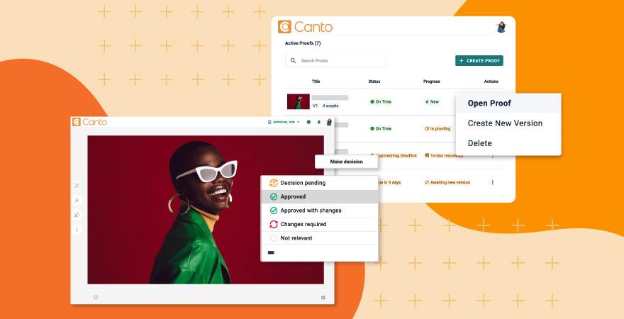 Screenshot of Canto’s online proofing dashboard showing asset approvals and status updates, representing digital asset management trends in workflow automation.