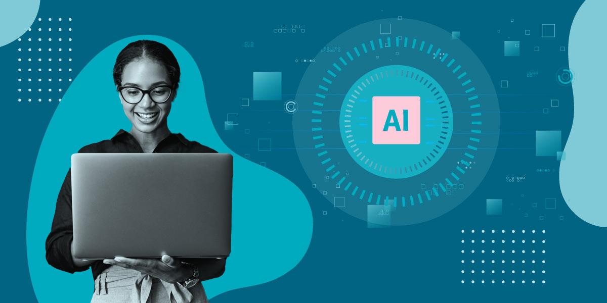 Woman holding a laptop with technology-themed background and "AI" text in the center-right.