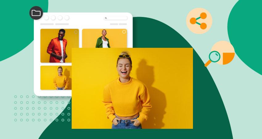 A person in a yellow outfit laughs in front of a yellow background, overlaid on a mockup of an image gallery with various portraits set against an abstract geometric background.