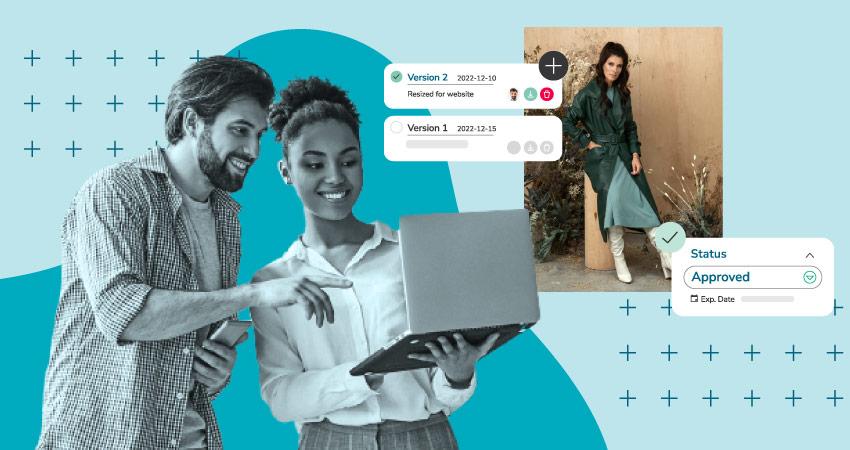 A man and woman are looking at a laptop together, with project management elements around them, including version status bubbles and an inset image of a woman in a trench coat.