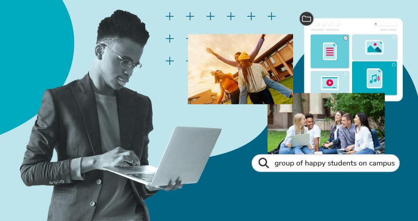 Young man working on a laptop with images of happy students and a digital interface in the background.