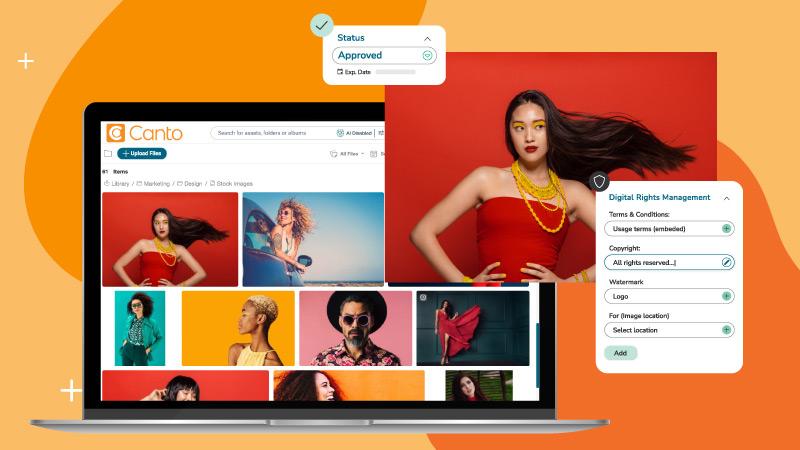 Image of a woman in a red dress, with DRM and approval status elements overtop, being shared from Canto's digital asset management platform over an orange background.