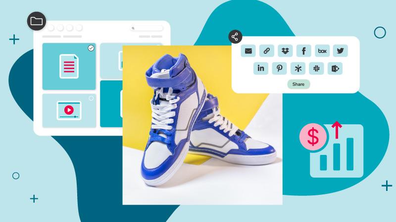 Shoes being shared from a digital asset library which generates content value over a blue background.