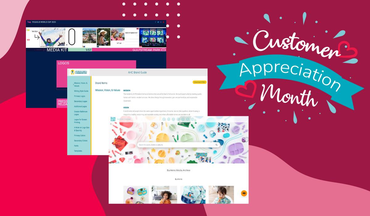 Three digital interface screenshots on maroon background; one outlines a media kit, another shows a brand guide, and the third features "Customer Appreciation Month" text with hearts.