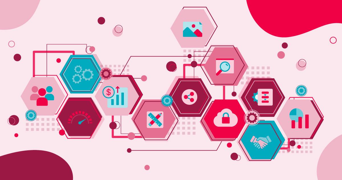 Abstract tech and business icons in interconnected hexagons with a pink and teal color scheme.