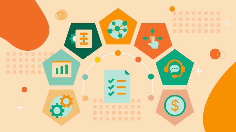 Abstract illustration depicting a circular diagram with hexagonal icons around a central document icon on a beige background.