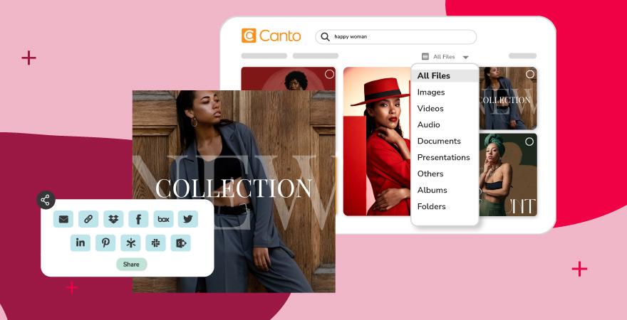 A social media asset ready to post. In the background the Canto DAM platform is shown with more social media assets within it.