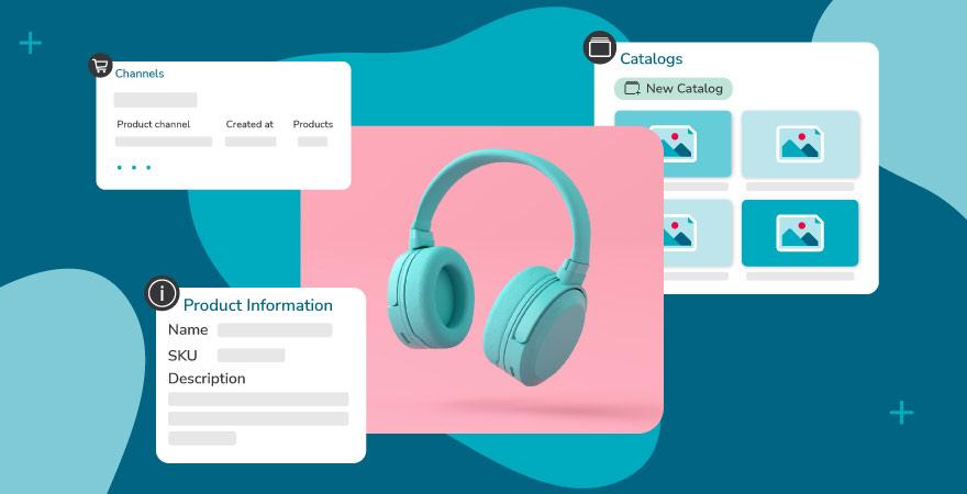 Image of teal headphones product shot with Canto DAM for Products product UI elements popping out such as product information, channels, and catalogs the headphones reside within, all overtop a blue background.
