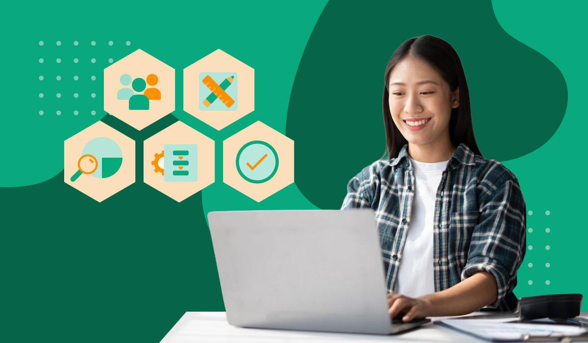 Woman happily working on laptop with floating orange icons such as teams, creative tools, search tools, workflows, and approvals as part of her marketing technology stack, overtop a green background.