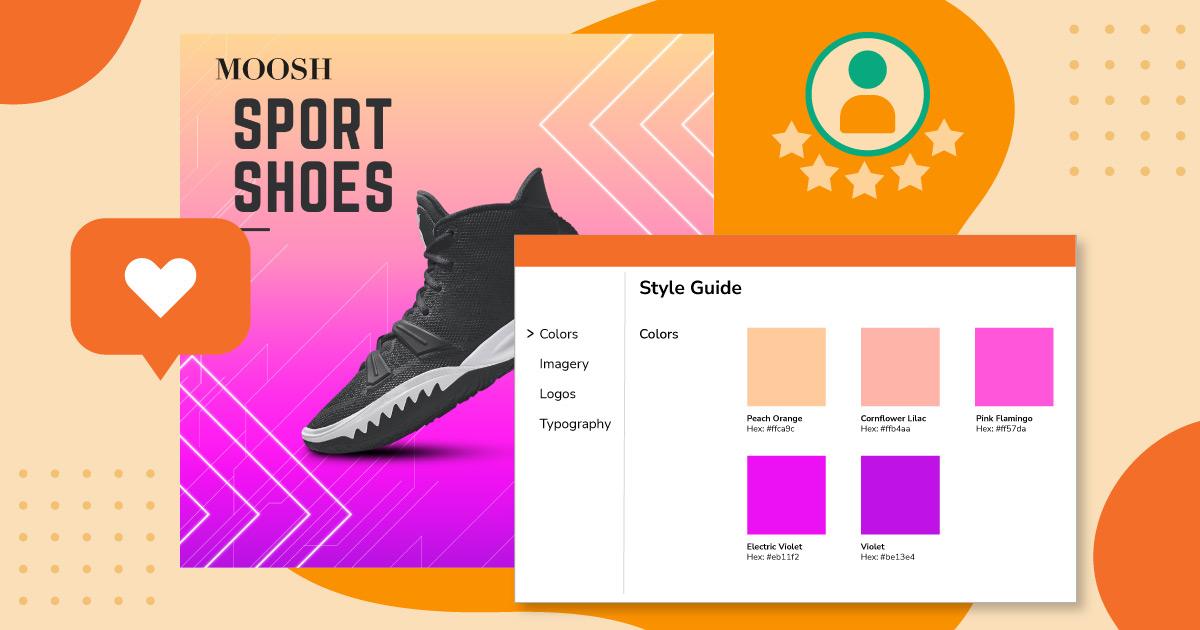 Neben einer Anzeige für auffällige Turnschuhe sind Markenfarbvorgaben mit spezifischen Violett-, Rosa- und Orangetönen als Teil eines Styleguide aufgeführt, wie es im Brand Management üblich ist.