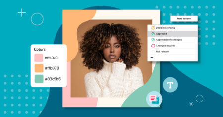 Image of female model next to different brand colors with an overlay marking the image as approved over a blue background.