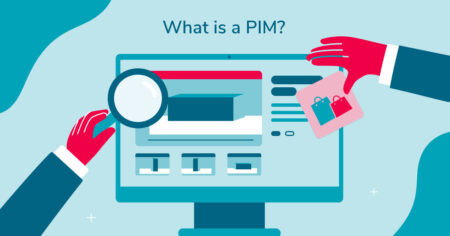 blue text that reads: What is a PIM? above an illustration of red hands using magnifying glass and moving different images around a computer will a digital asset management system to correct the product details over a blue background