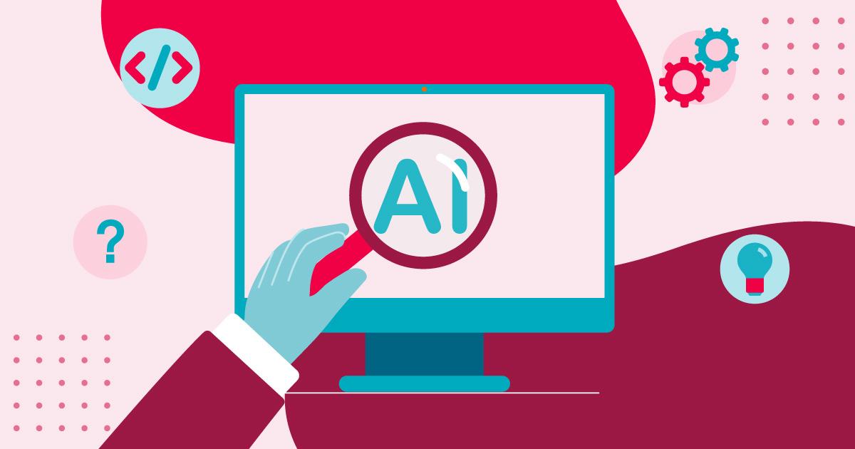 Hand holding a magnifying glass looking at AI written on a monitor over a red background.