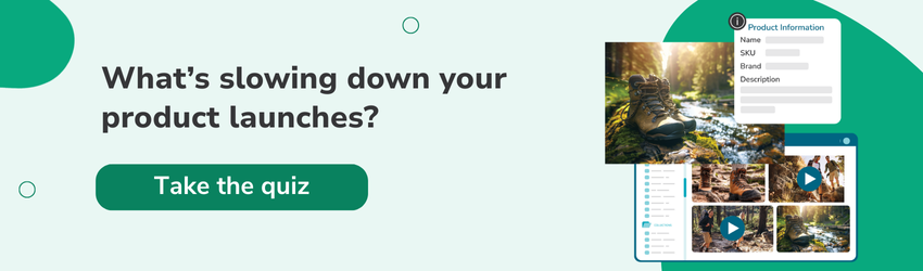 Green CTA banner featuring product photography of hiking boots and text "What's slowing down your product launches? Take the quiz".