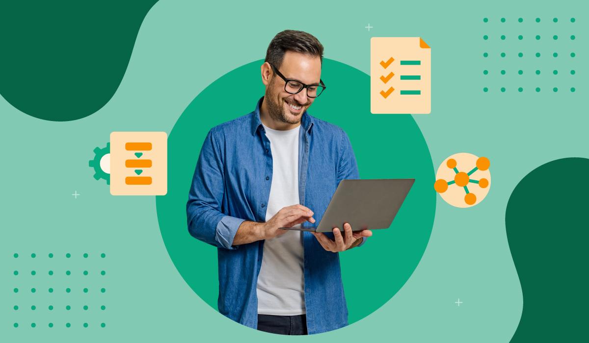 A man in a blue shirt holding a laptop working on digital content marketing on a green background surrounded by yellow icons.
