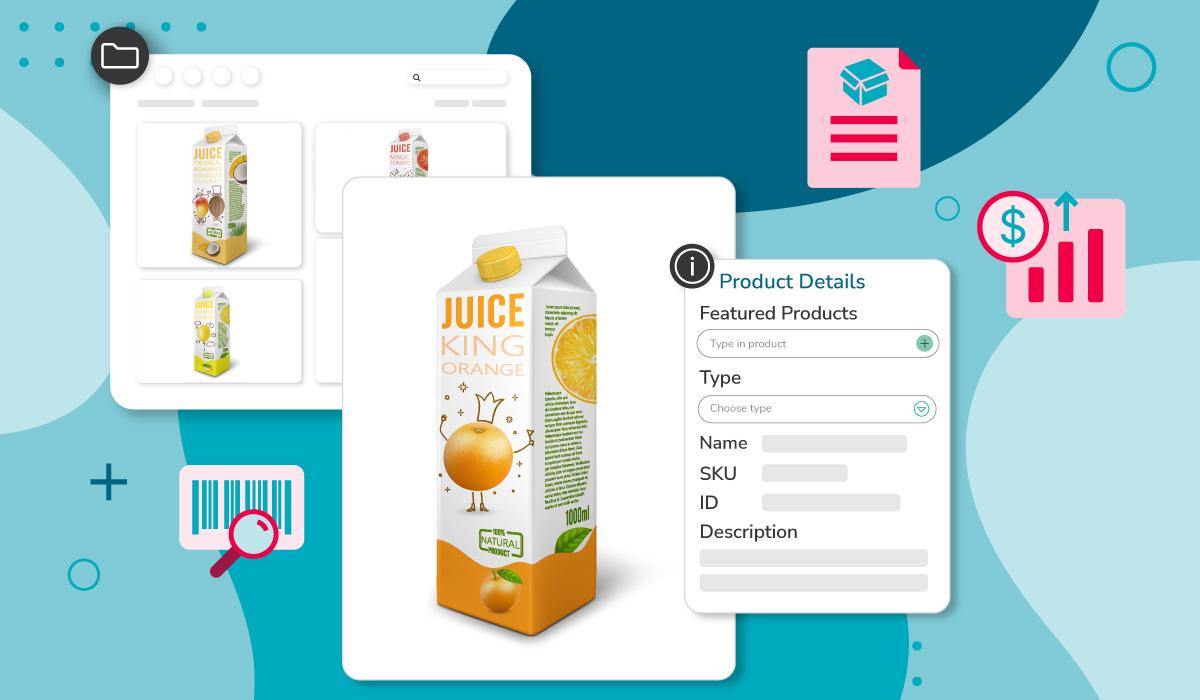 Screenshots of product information from a juice brand, including a photo of the juice product, a product landing page, and product specifications, on a blue background with pink icons.