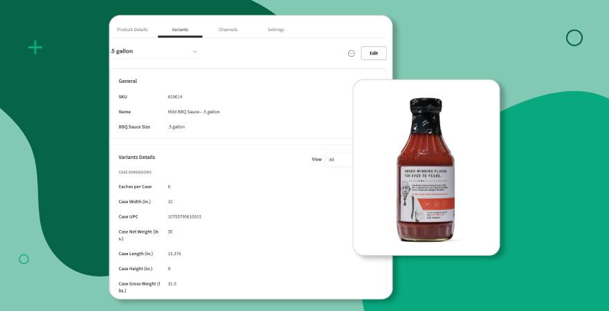 Screenshot of a condiment bottle on top of screenshot of a form for uploading product specifications on a green background showing where product information is uploaded.