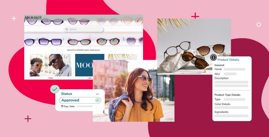Screenshots on a red background of a sunglass brand's home page, product photography (including one product-only image of artfully displayed sunglasses and one image of a model wearing sunglasses on a sunny walk), approval status, and product details, demonstrating a broad variety of product information types.