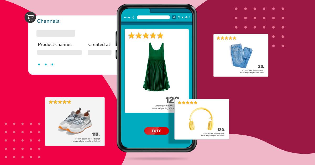 Image of a product listing for a fashion branding showing a dress on an iPhone with a 5-star review, surrounded by floating screenshots of product details and other similar product listings for jeans, sneakers, and headphones, all on a red background, demonstrating rich content in action.