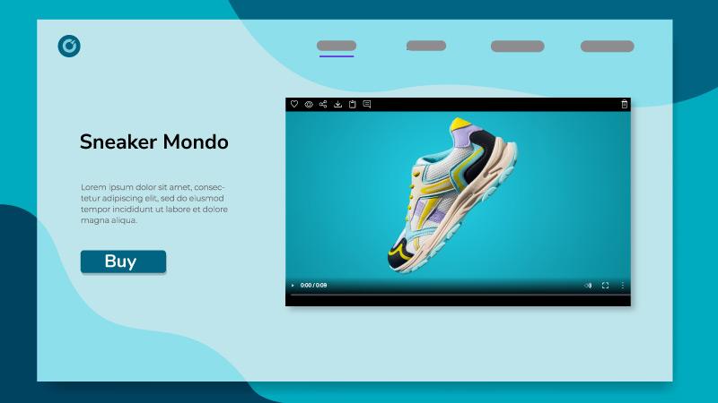 Image of a mocked-up landing page for a sneaker brand on a blue background featuring a high-quality video as an example of rich content.