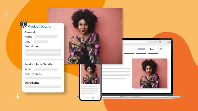 Images on an orange background of a product page on laptop and iPhone with product image and product details screenshots overlayed on top demonstrating real-world applications of rich content.