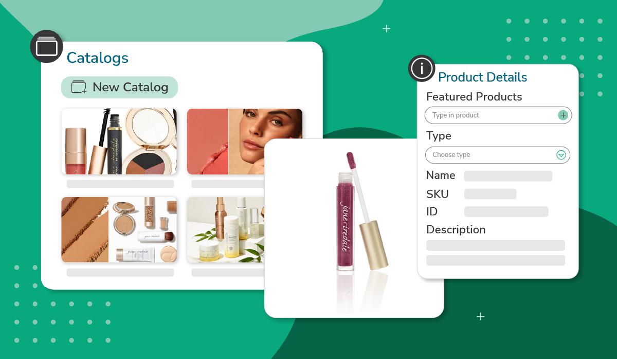 A digital interface for catalog management displaying beauty products, product details, and SKU information on a green background.