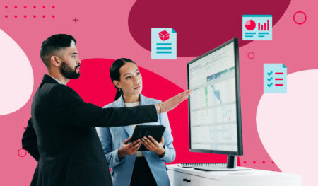 An image of two people looking at the stats of their company on a whiteboard, the man points while the woman looks and holds ipad/takes notes. Little blue sharing icons float above the image. All over a red background