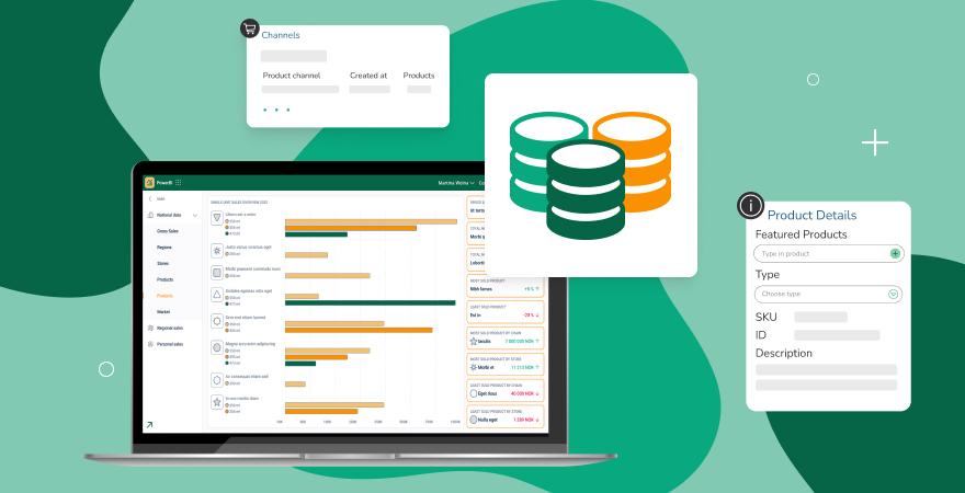 Graphic showcasing the relationship between PIM vs MDM with a focus on the Canto DAM for Products solution. A laptop displays a product management dashboard, surrounded by icons representing data consistency, product categorization, and structured data. The text highlights how MDM ensures clean data feeding into a PIM system.